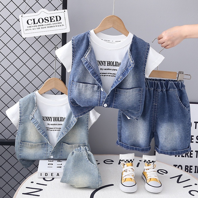 New Short-Sleeved Suit Summer New Denim Vest T-Shirt Shorts Fashionable Three-Piece Boy Suit Trendy